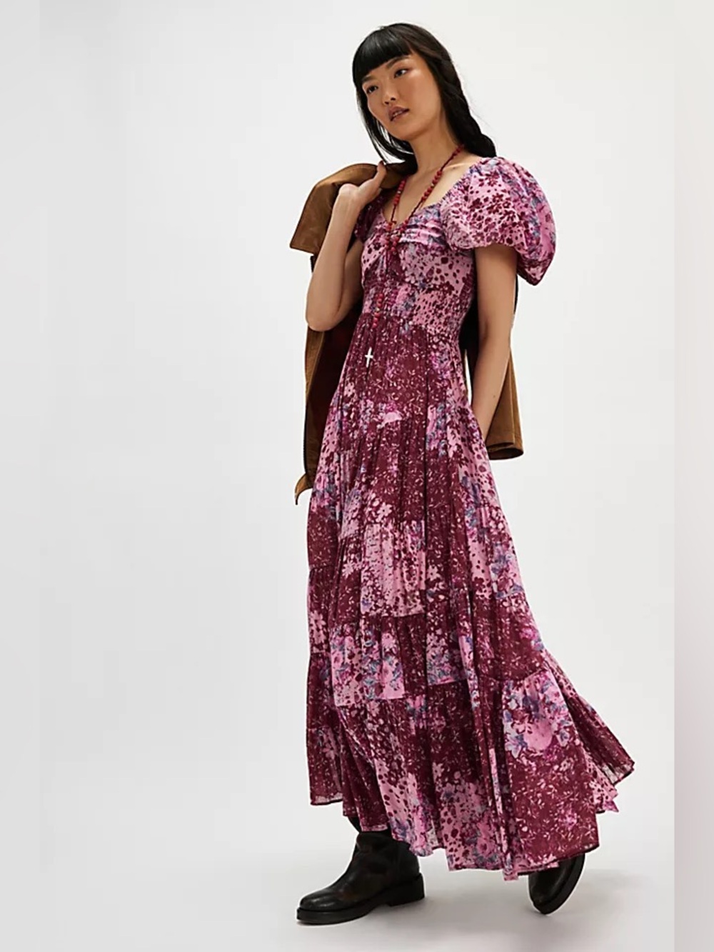 Free People Sundrenched Floral Puff Sleeve Maxi Dress in Femme Combo Sz XS